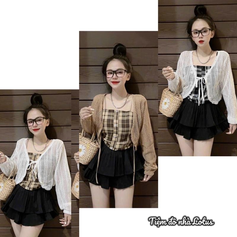 Set Khoác lưới Tay Dài Phối Áo CARO Hai Dây xinh (Tiệm đồ nhà Lotus) CHẤT LƯỢNG Bộ Đồ Khoác Nữ Mix Áo Croptop Xinh Xắn