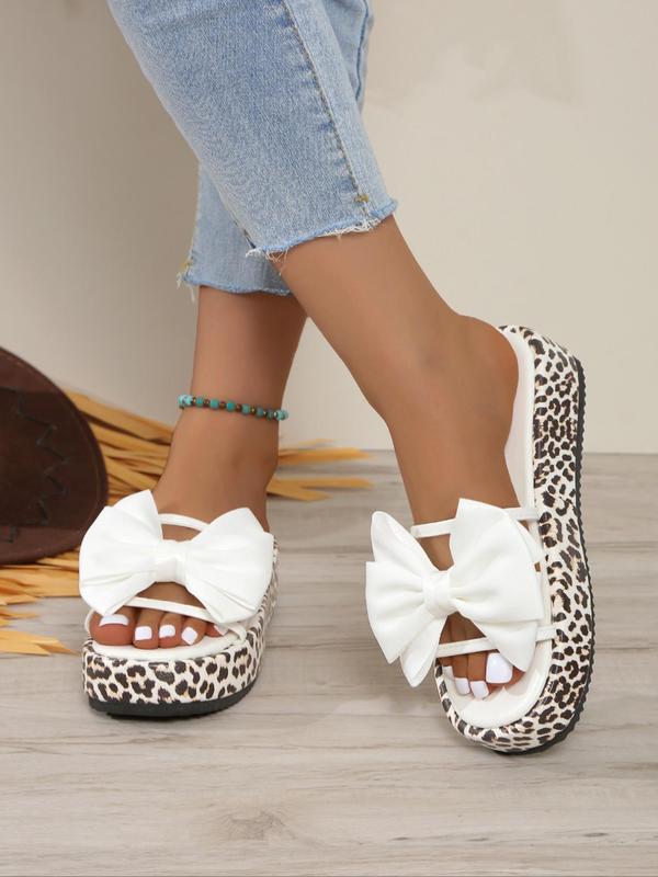 Women's Fashionable Leopard Print Bowknot Design Slides, Summer Sandals, Casual Comfortable Platform Slippers for Summer, Female All-match Round Toe Slippers for Daily Wear, Sandals Heels Walking Shoes 6