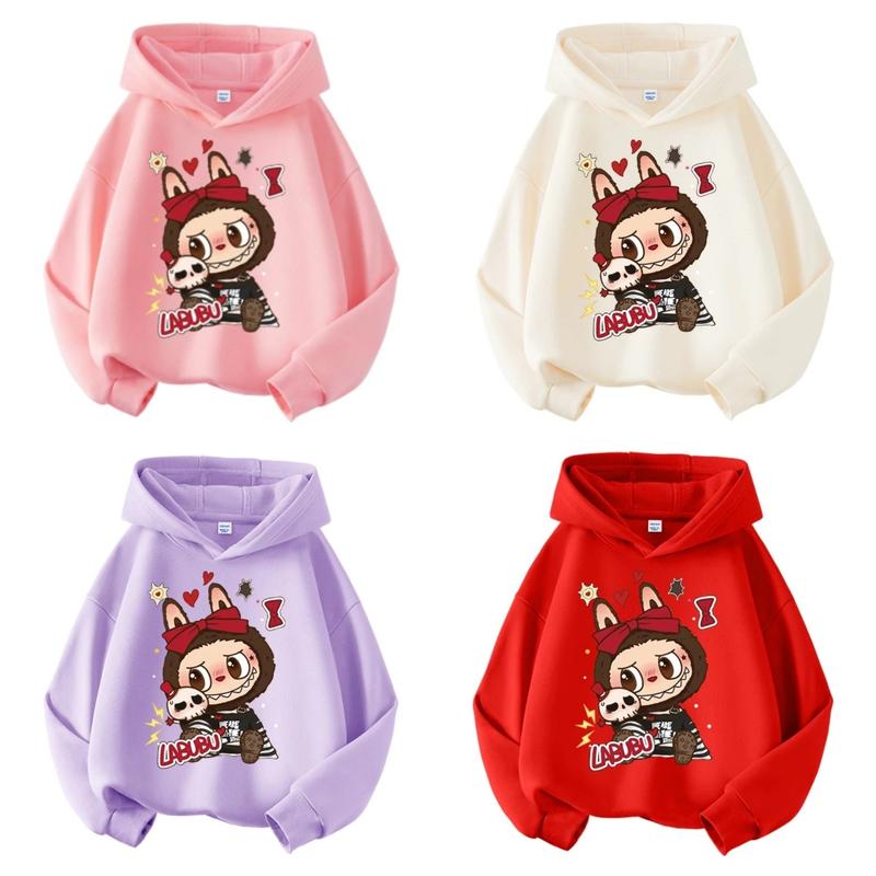 Áo HOODIE Thu đông 2024 có mũ cho bé gái in hình LABUBU 4 màu sắc chất nỉ tàu cotton MS09