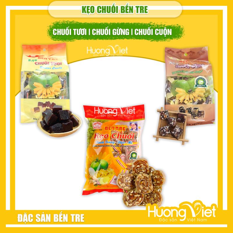 Kẹo chuối Bến Tre, kẹo chuối gừng, kẹo chuối cuộn bánh tráng, bánh kẹo Việt Nam làm quà biếu, bánh kẹo tết, đồ ăn vặt Hương Việt Mart