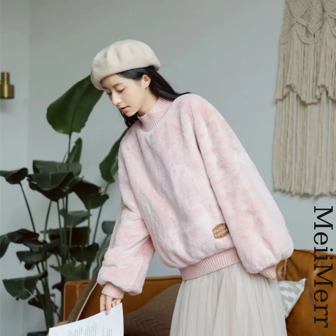 My Moda Áo hoodie lông thỏ màu hồng nữ tính MM67