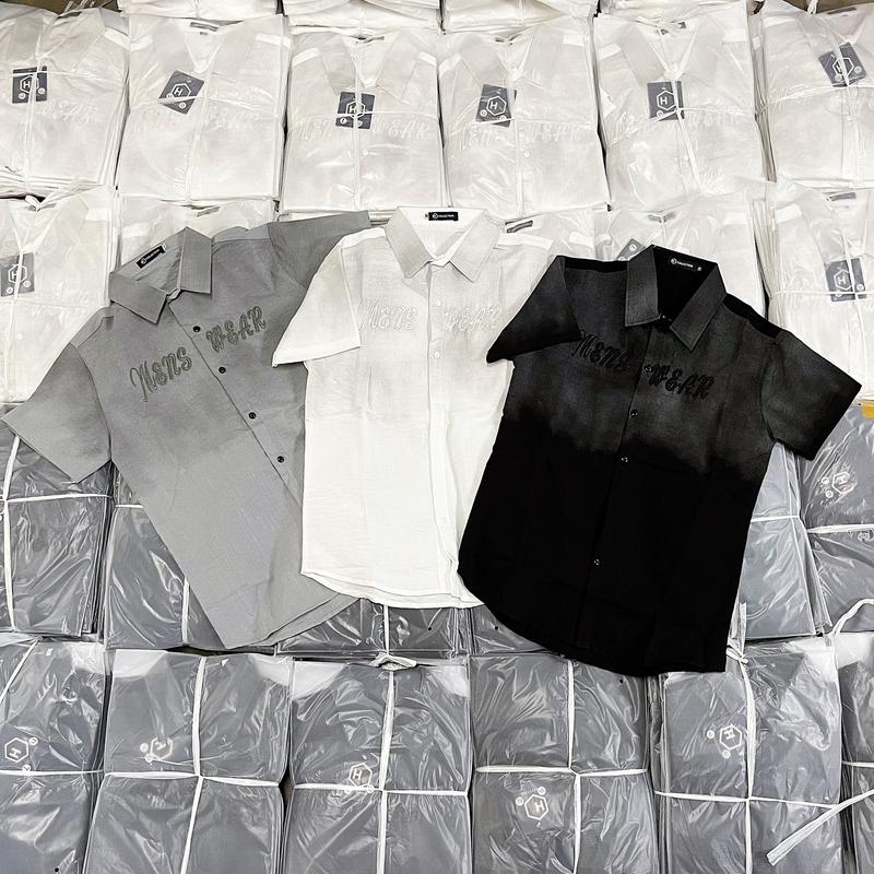  Áo sơ mi nam nữ Có Cổ phối loang tay ngắn tay dài thêu chữ mới Menswear Trắng 