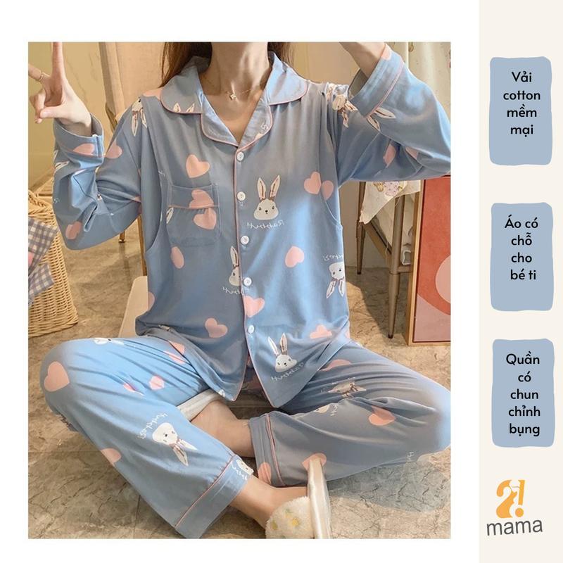 Bộ Pyjama Bầu Mặc Nhà Cotton Thỏ xanh Đồ Bầu Sau Sinh Mở 2 Bên Cho Con Bú Và Quần Chun Chỉnh Bụng, Dài Tay 2mama