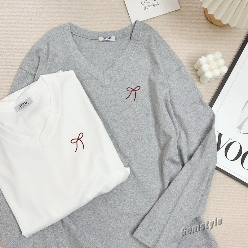 Áo thun nữ dài tay cổ tim NƠ nhỏ, chất cotton khô 3158 dày dặn giữ nhiệt
