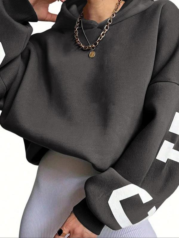 Women's Letter Print Drop Shoulder Long Sleeve Hoodie, Fashion Casual Hooded Sweatshirt for Daily Outdoor Wear, Yoga Hoodie, Ladies Spring & Fall Clothes Rave Hoodies, Going Out Tops, Graphic Hoodies 2