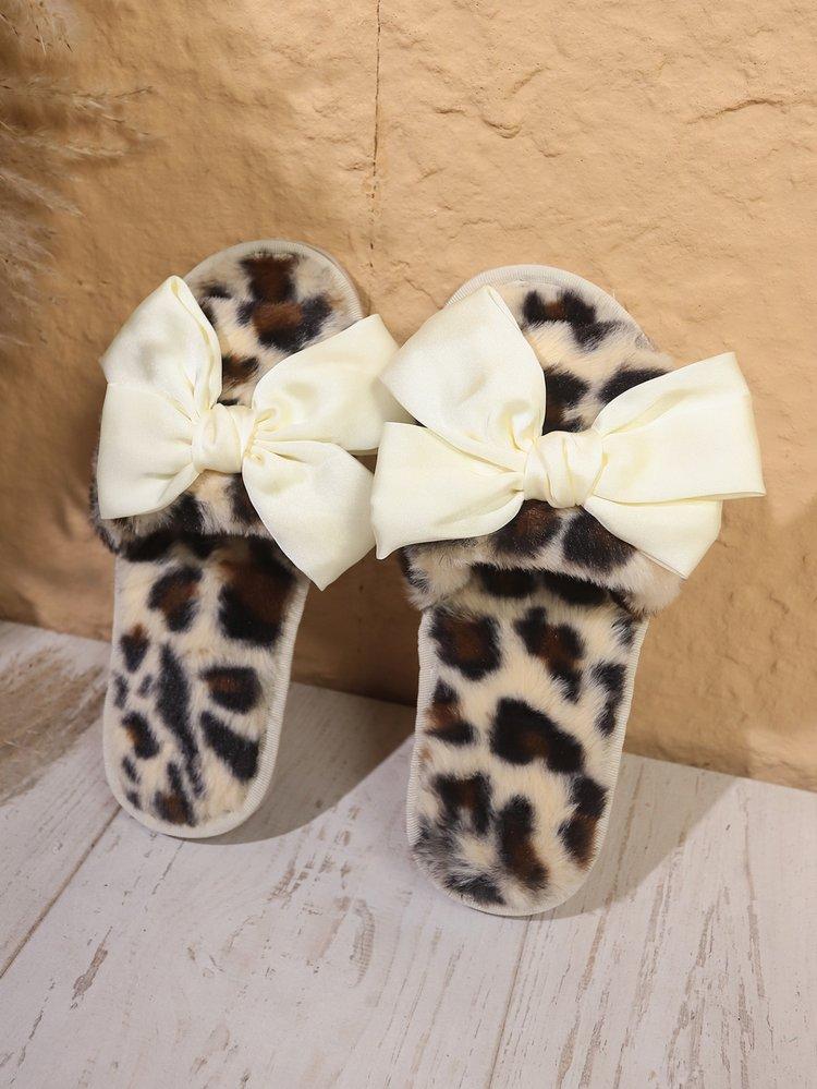 Product Introduction of Fluffy Leopard Bowknot Slippers Women's Autumn and Winter Flat Home Floor Slippers Open Toe Cotton Slippers Women's Flat-Heeled Slippers Rubber Suede 29