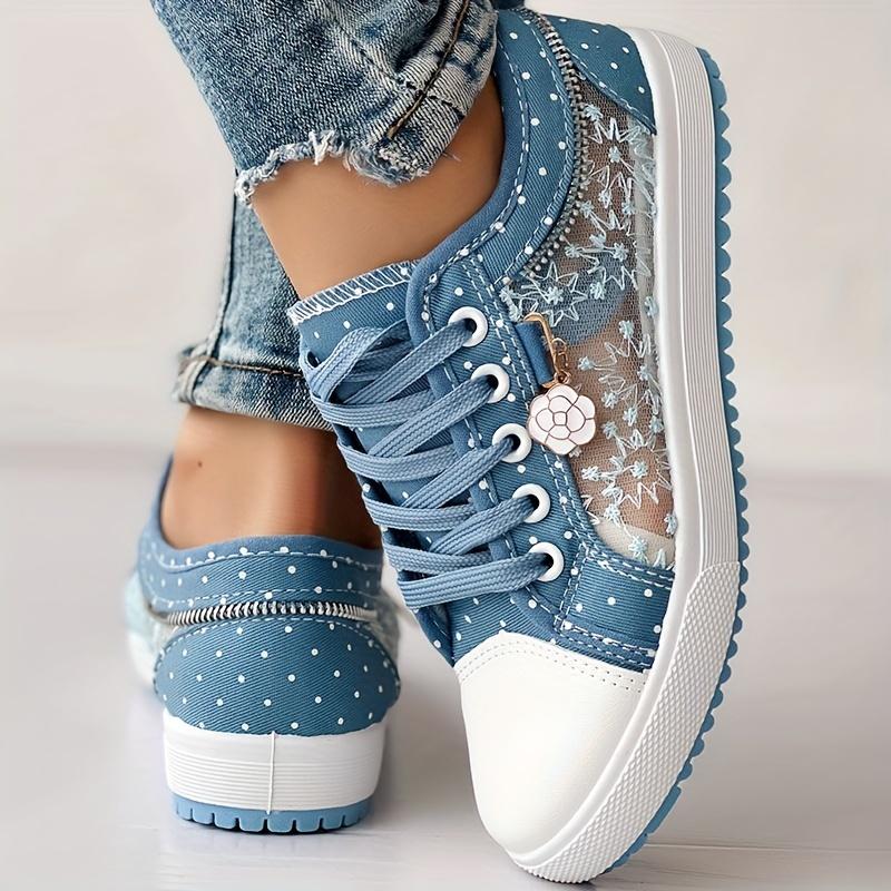Women's Floral Mesh & Cover Casual Sneakers - Breathable Low-Top Lace-Up Round-Toe Shoes with PU Sole for Casual Attire, Ladies Sneakers, Comfortable Footwear, Durable Traction Footwear 4