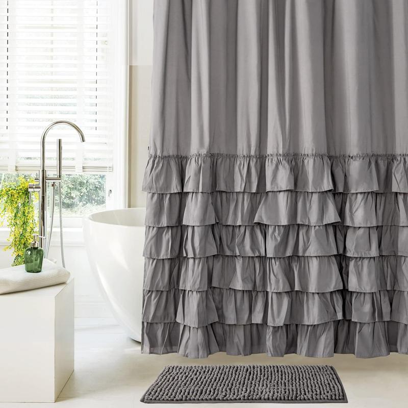 Product Introduction of Ruffle Trim Bathroom Curtain, 1 Count Solid Color Bathroom Decorative Curtain with Hooks, Bathroom Accessories, Home Decor Supplies for Bathroom 13