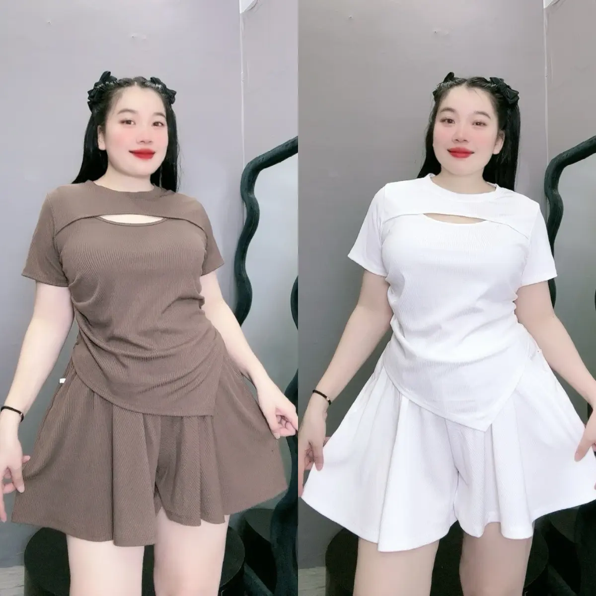 Set đồ bigsize nữ áo tay ngắn xẻ ngực kèm quần đùi ống rộng lưng thun co giãn chất thun gân mềm mịn - SET817