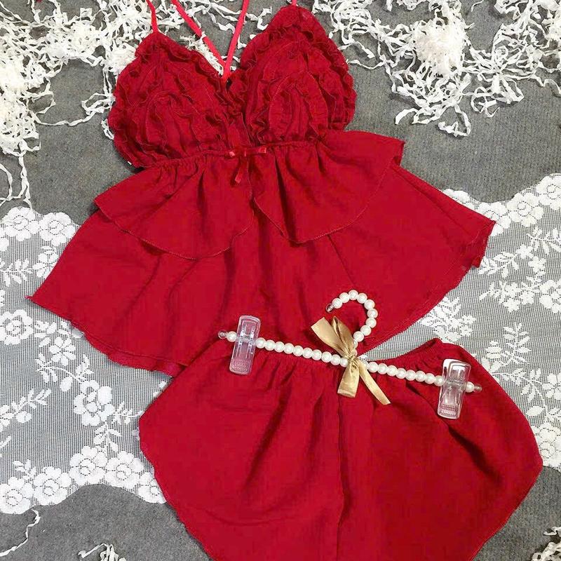 Bộ ngủ Nữ sexy quần đùi áo dây chéo lưng, vải voan mỏng xuyên thấu, thiết kế 2 tầng, phom 35-55kg Nhung