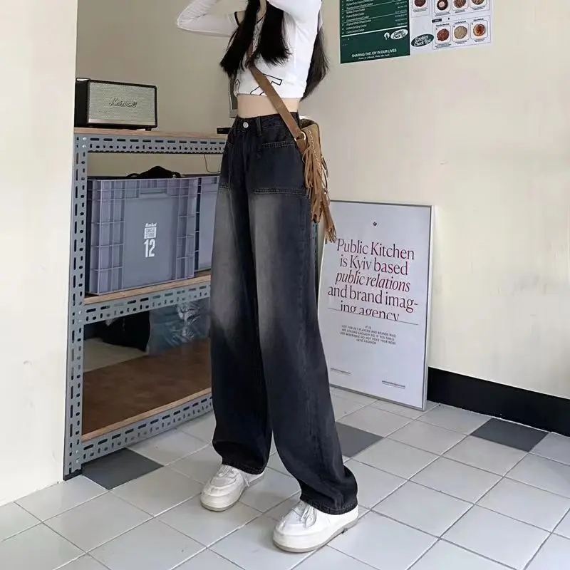 Hgh waist straight wide leg women jeans, women's retro wide leg black jeans 2024