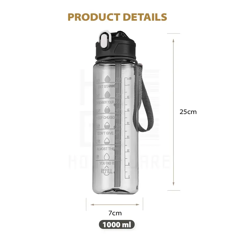 HUGO Botol Minum Motivasi 1 Liter Transparan Bening Botol Air Anak dengan Sedotan Premium BPA FREE 7