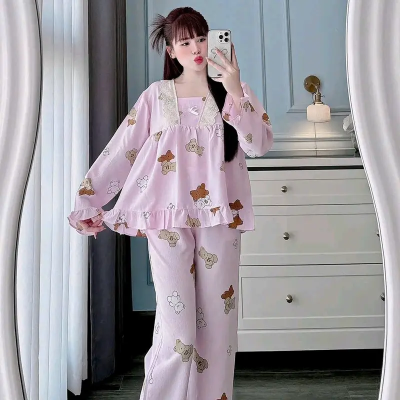 Bộ tiểu thư tay dài 40/60kg viền ren nhúng bèo chất đũi sốp .đồ mặc nhà thoáng mát Nhung Tim 4