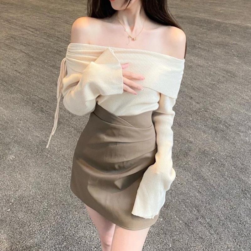 Áo trễ vai ống tay loe A41 thiết kế dây rút lệch 1 bên phong cách Hàn quốc dễ thương màu kem Nữ Top cá tính trơn T-shirts women