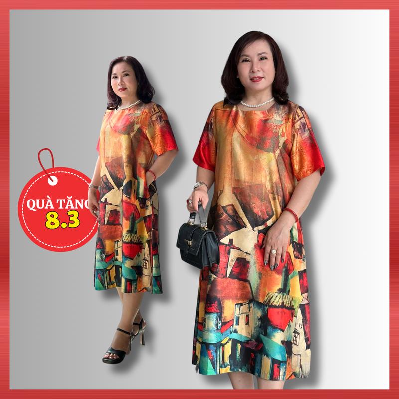 Đầm Trung Niên D532 Họa Tiết Hoa Văn 3D Cho Mẹ Đi Tiệc Chất Lụa Sang Trọng Thanh Lịch | Thời Trang Trung Niên NP Clothing U60