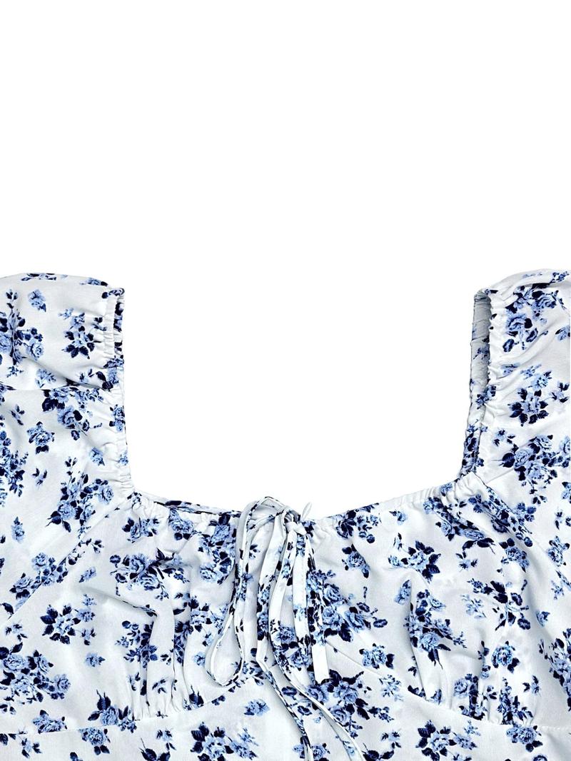 Product Introduction of 【Plus Size】 Ditsy Floral Print Tie Front Split Thigh Dress, Boho Fashion Casual Short Sleeve Dress for Daily Holiday Vacation Wear, Women Plus Clothing for Summer 6