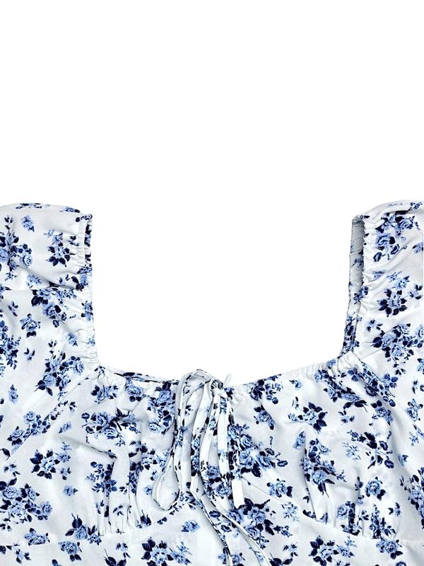 【Plus Size】 Ditsy Floral Print Tie Front Split Thigh Dress, Boho Fashion Casual Short Sleeve Dress for Daily Holiday Vacation Wear, Women Plus Clothing for Summer 5