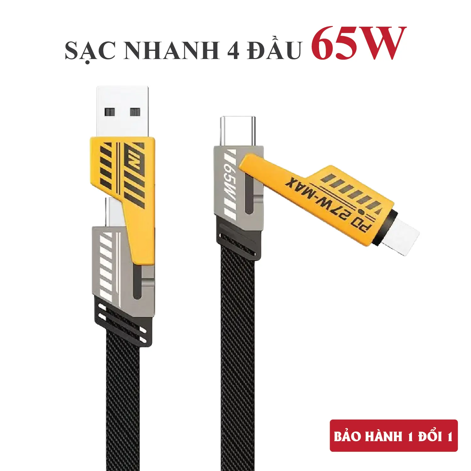 Cáp sạc 4 in 1, Dây sạc nhanh tối đa 65W. Dây dù, đầu cáp kim loại, chống gẫy (Bảo hành 1 đổi 1) - Cáp sạc điện thoại, Dây sạc 4 đầu