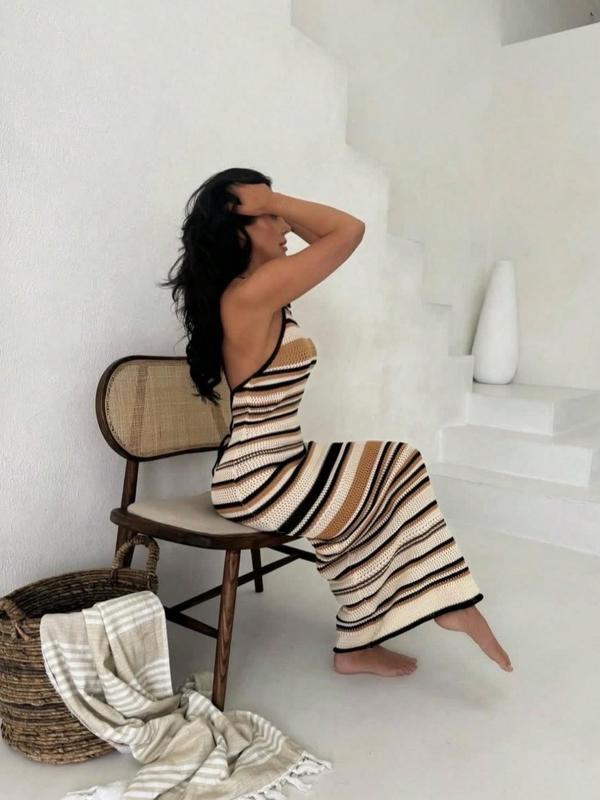 Women's Striped Sweater Dress, Casual Sleeveless Knit Bodycon Dress for Summer, Fashion Women's Dress for Beach Holiday, Womenswear 2