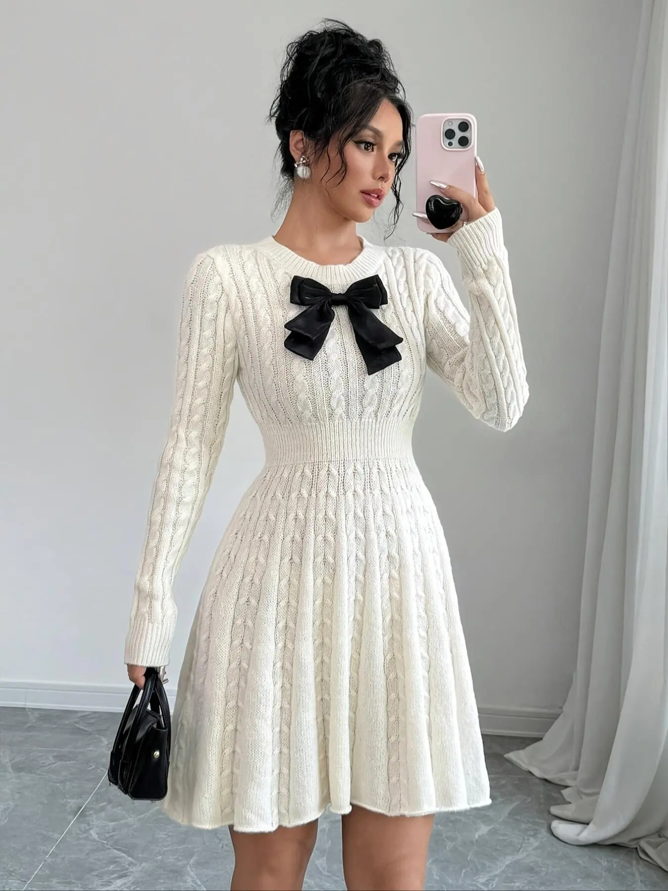 Women's Bow Decor Crew Neck Sweater Dress, Casual Long Sleeve Jumper Dress for Spring & Fall, Fashion Women's Dress for Daily Wear