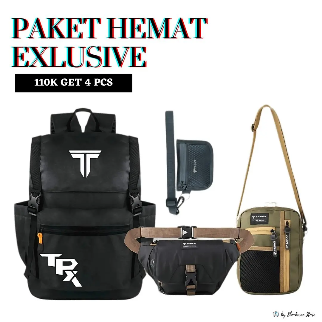 TAPAXCO Paket Hemat I Tas Selempang Pria 100k Get 4 pcs Ransel Sekolah, waistbag, Slingbag and Hanging Wallet Casual Local Original hitam waistbag Pinggang