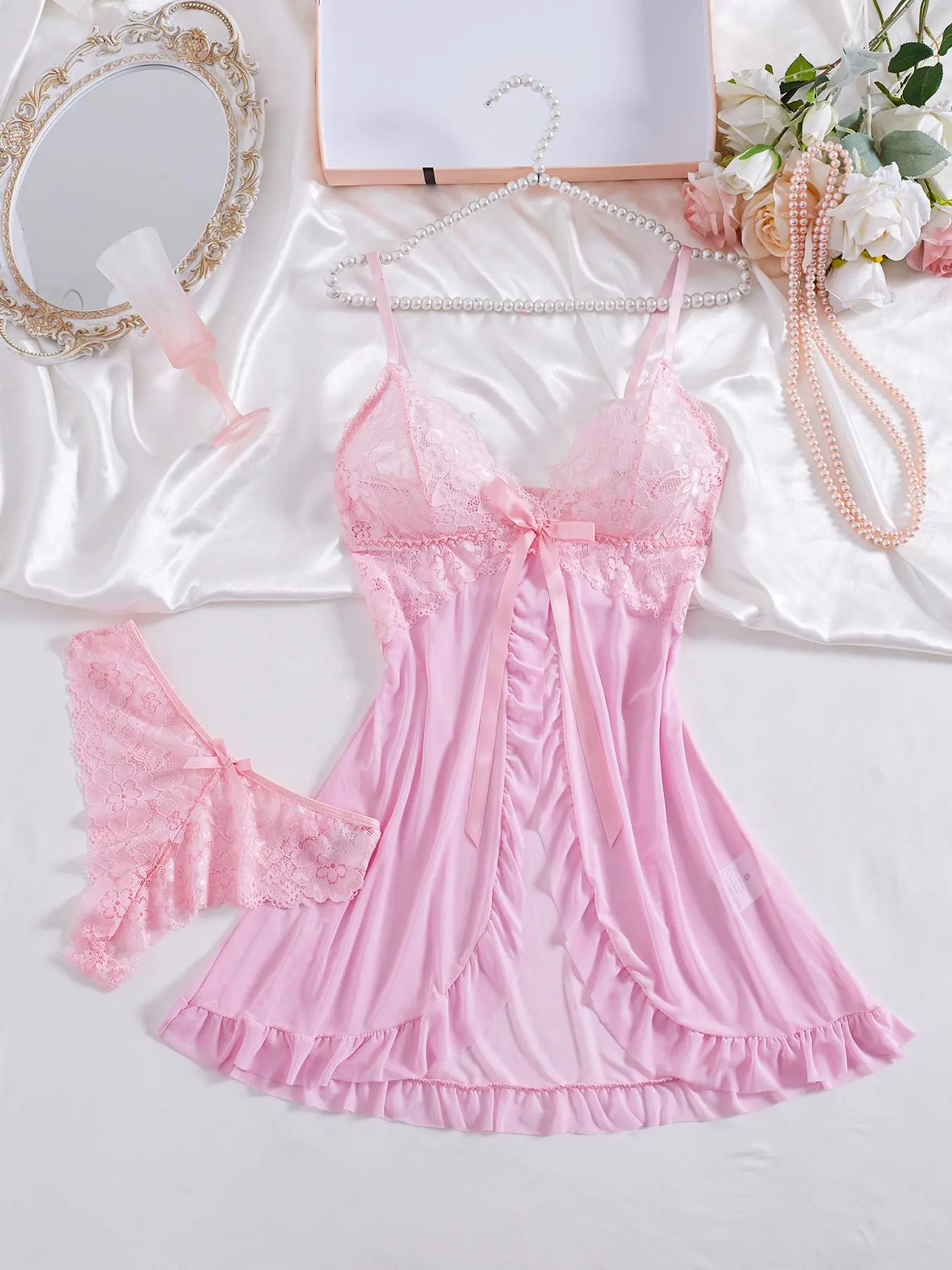 Women's Solid Color Bow Decor Cami Nightdress & Panty Two-piece Set, Casual Comfortable Loungewear Set for Women, Fashion Ladies Sleepwear for Summer