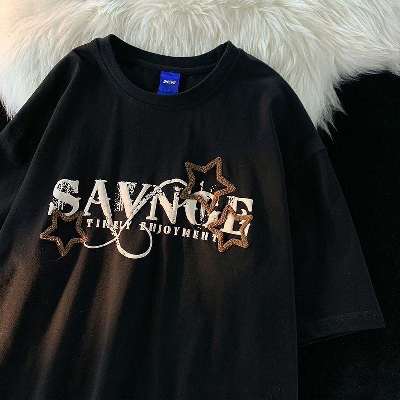Product Introduction of [Cod] European and American High Street Short-Sleeved T-shirt Women's Loose Trendy National Fashion Neutral Hong Kong Style Half Sleeve Men and Women 12