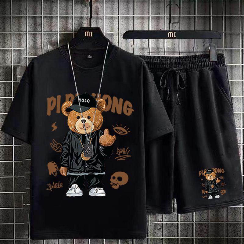 Product Introduction of Casual Sports Suit for Men Summer 2024 New Style Middle School Student Printed T-Shirt Men's Short Sleeve Shorts Trendy 1/2 Piece Fasciitis 21