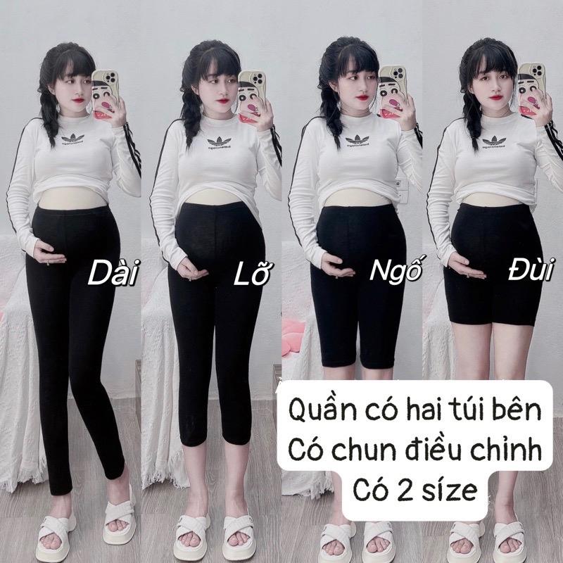 Quần bầu thun giãn tốt 40- 95kg Đùi Ngố Lững 9 Tất Và Dài Không Có Đáp Bụng Cạp Cao Chất BozipCotton Co Giãn 4 chiều Có Chun Chỉnh Bụng có 2 túi bên
