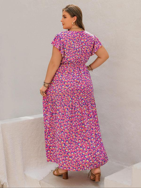 Plus Size Floral Print Ruffle Hem Belted A Line Dress, Comfort Bohemian Dresses for Women, Contrast Lace V Neck Long Dress for Beach Vacation Holiday, Summer Dresses 2025, Sun Dress 8