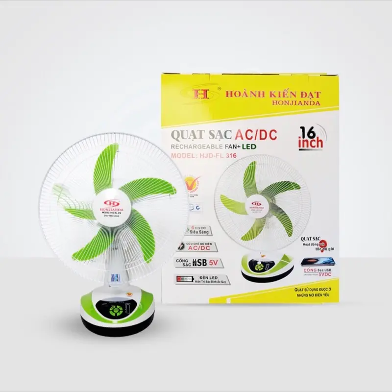 Quạt Sạc Tích Điện Honjianda HJD-FL 316 LED 2 Chế Độ AC/DC 9 Tốc độ gió có đèn , có sạc điện thoại ,tích điện 15-20 tiếng 0