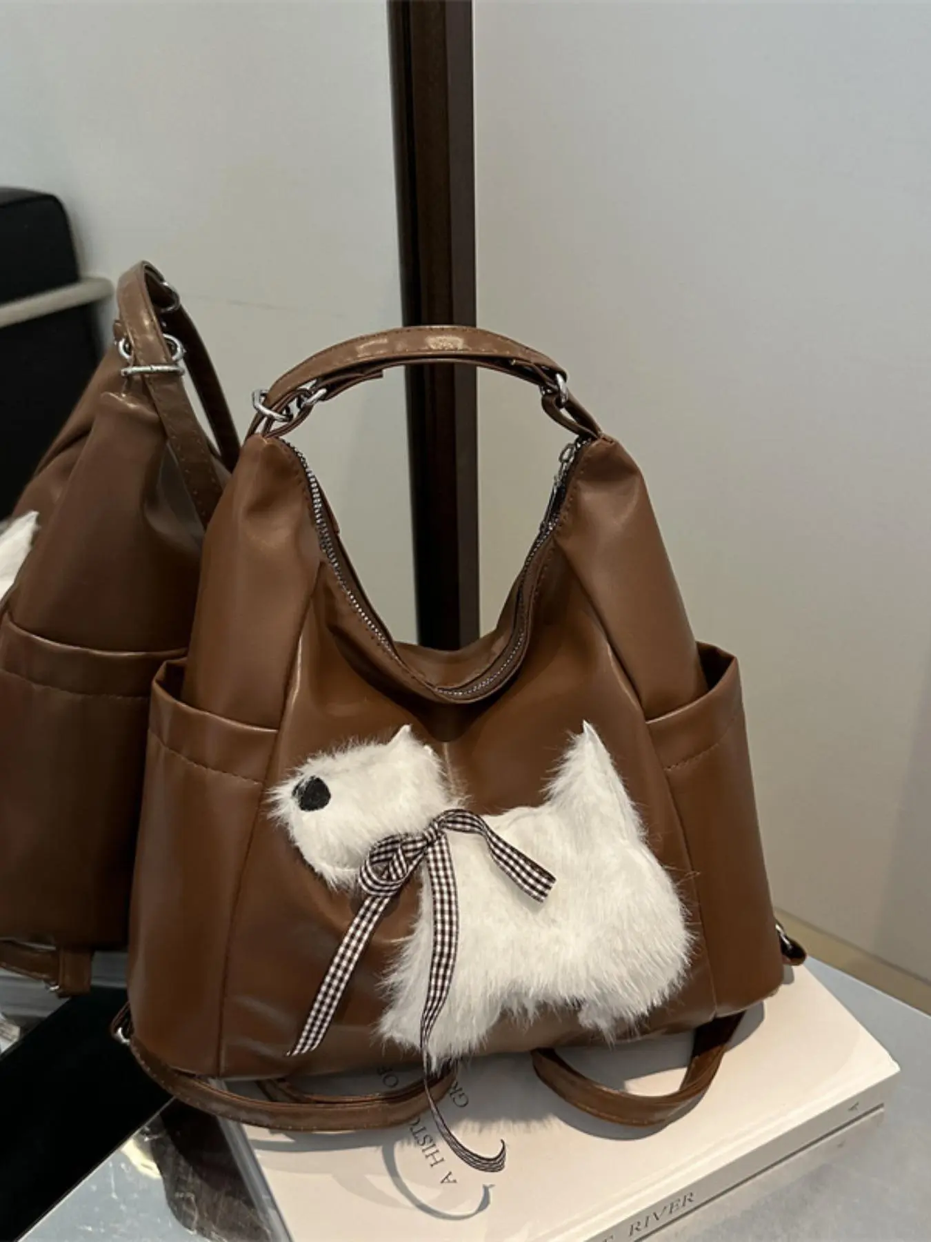 Women's Bow Decor Cute Puppy Patches Design Shoulder Bag, Fashion Versatile Backpack for Daily Used, Casual Trendy High-quality Daily Commuting Bag