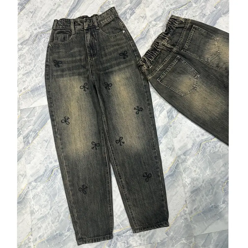 [003] Quần Jeans Baggy QC Lưng Chun Thêu Nơ Trơn Không Co Giãn 1