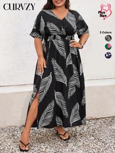 CURVZY Plus Size  Leaf Print Shirred High Waist Split A Line Dress, Elegant V Neck Half Sleeve Pocket Dress, Women's Summer Clothing for Daily Wear