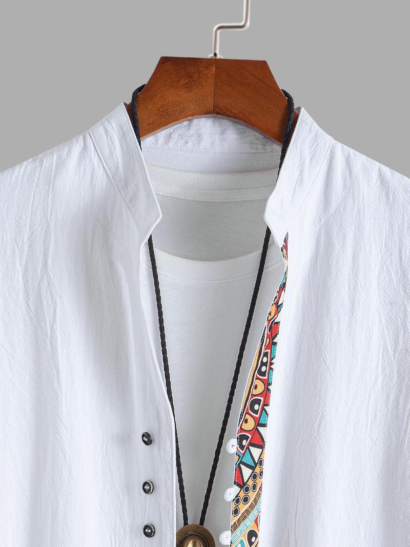 Product Introduction of Men's Contrast Trim Tribal Print Vintage Short Sleeve  Shirt, Regular Fit Casual Comfy Button Front Mock Neck Top for Summer, Fashion Men's Clothes for Daily Wear 4