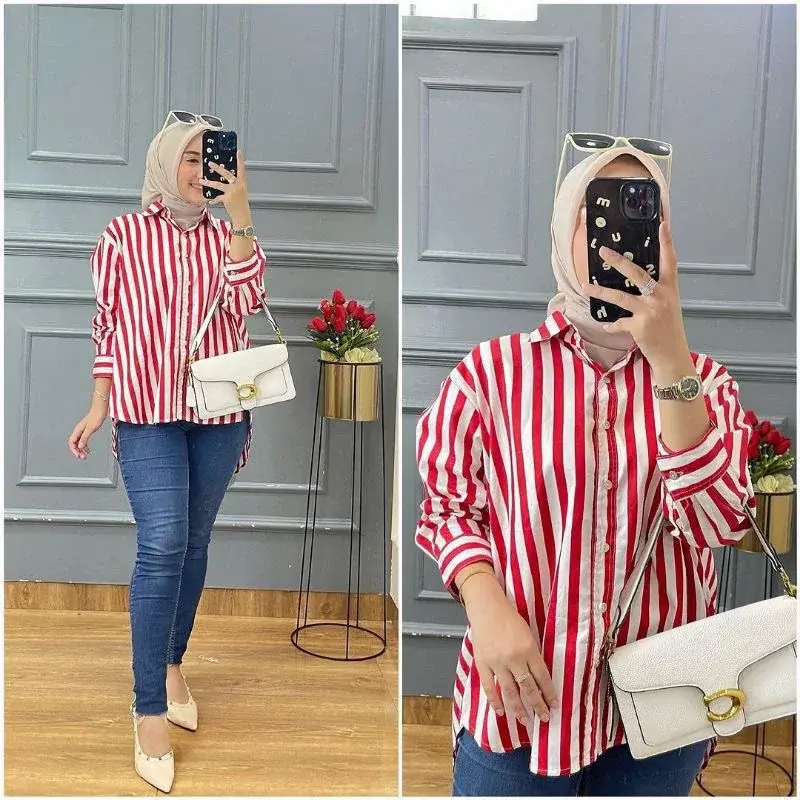Kemeja Wanita Stripe Shirt Salur Silang Belakang Bahan Katun Rayon 3