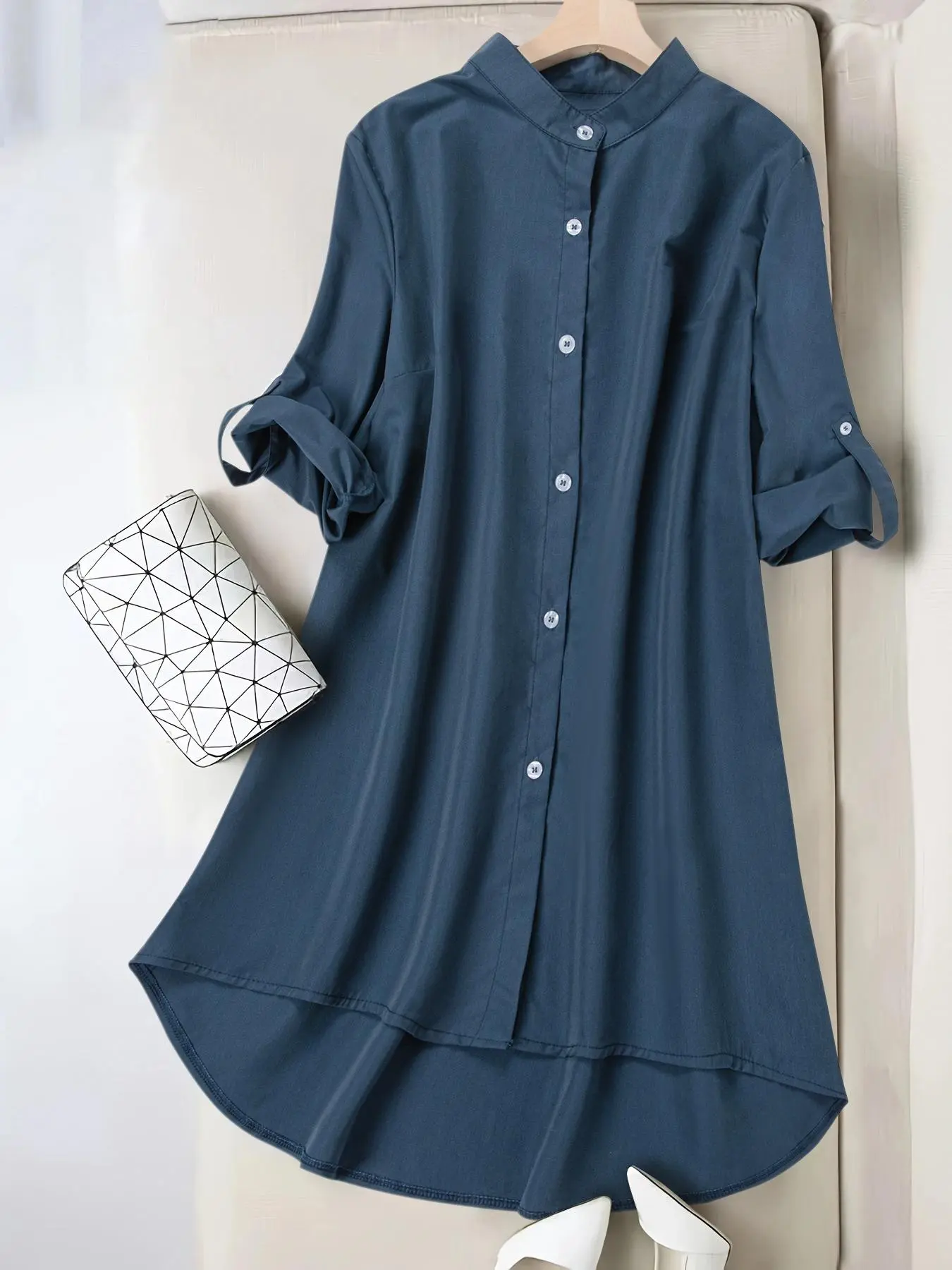 【Plus Size】 Solid Button Front High Low Roll Up Sleeve Shirt Dress, Casual Long Sleeve Top for Fall & Winter, Women's Clothes for Daily Wear