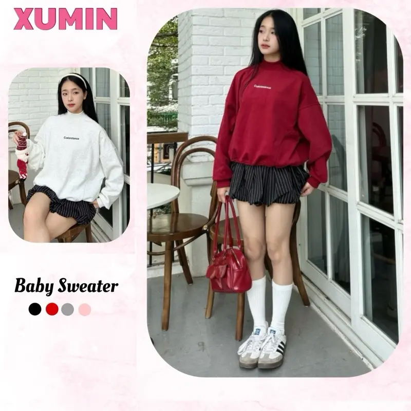( Lót Nhung ) Baby Sweater Cổ Cao Dáng Ngắn Chất Liệu Nỉ Lót Nhung Dày Dặn In Chữ Basic " Coxistence"