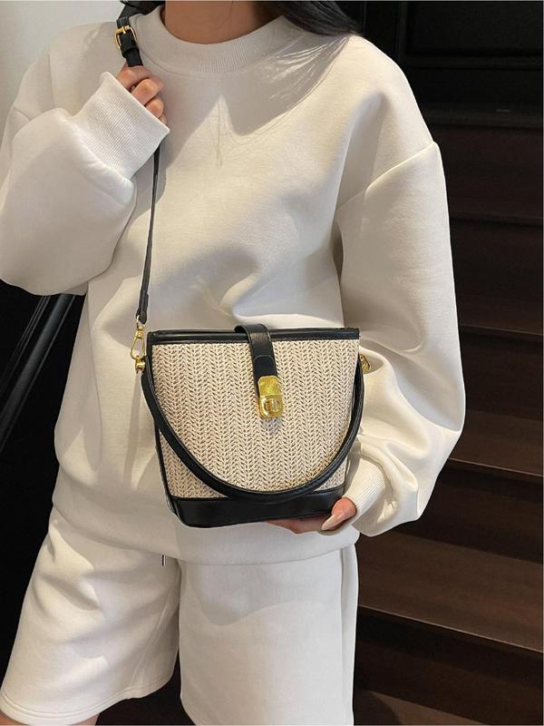 Fashionable Colorblock Straw Handbag, Casual Versatile Shoulder Bag for Women, Trendy All-match Bag for Daily Use 3