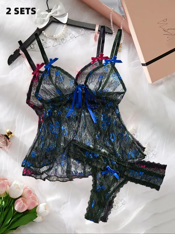 Women's Floral Print Sheer Lace Sexy Lingerie Set, Bow Decor Split Lingerie Top & Thong Set, Romantic Underwear Set for Ladies, Naughty Lingerie 3