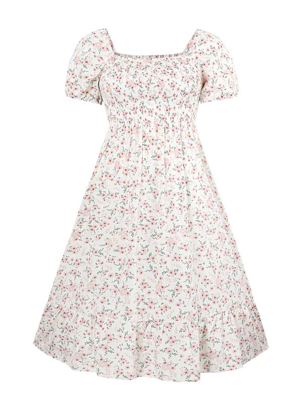 【Plus Size】Frenchy Style Ditsy Floral Print Puff Sleeve A Line Maxi Dress, Square Neck Shirred Dress, Dresses for Women, Dresses for Women, Women's Clothes for Summer, Summer Dresses, Womenswear 5