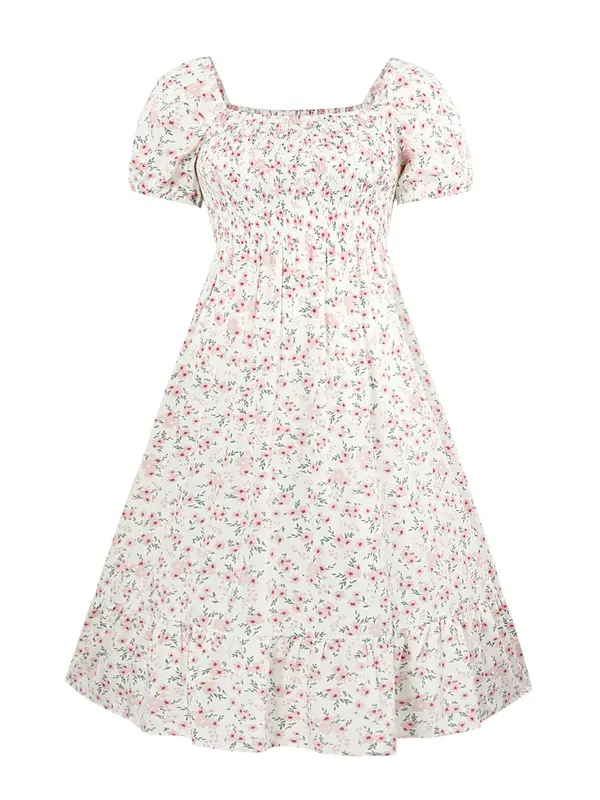 【Plus Size】Frenchy Style Ditsy Floral Print Puff Sleeve A Line Maxi Dress, Square Neck Shirred Dress, Dresses for Women, Dresses for Women, Women's Clothes for Summer, Summer Dresses, Womenswear 5