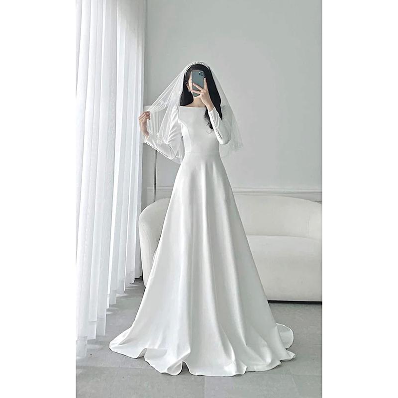 váy cưới trắng xoè dài, tay dài đính cúc vải kín đáo sang trọng Đám cưới Cổ thuyền Thanh lịch Đầm dài 0