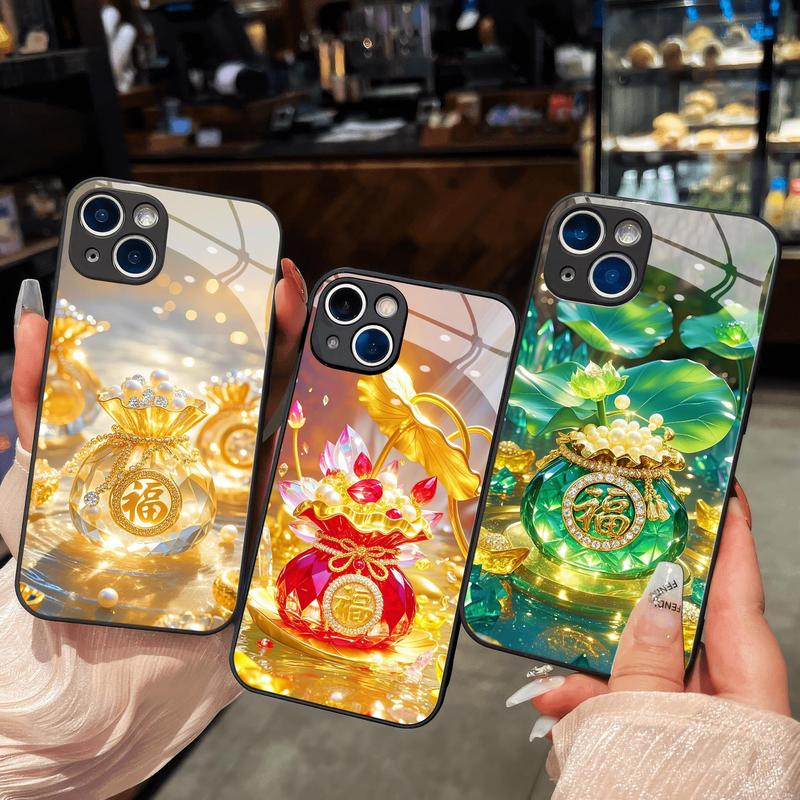 Ốp Kính Túi tài lộc thần tài pha lê may mắn tết dành cho iPhone 16 15 14 13 12 11 8 7 6 6s 6p 7p 8p 6g 7g 8g Pro Max XR XS xsmax Plus Promax Ốp lưng điện thoại di động Lady Case Phụ Kiện