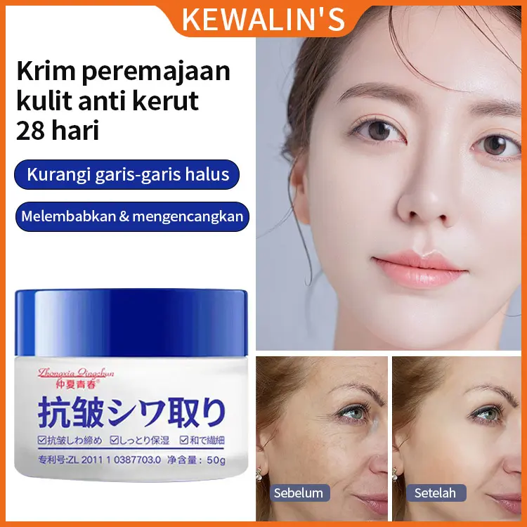 Kewalin's Krim anti penuaan Pemutih wajah glowing Krim Peremajaan Anti Keriput Jepang 28 Hari Memudarkan Keriput Muka dan Garis-garis Halus Mengencangkan Kulit 50g