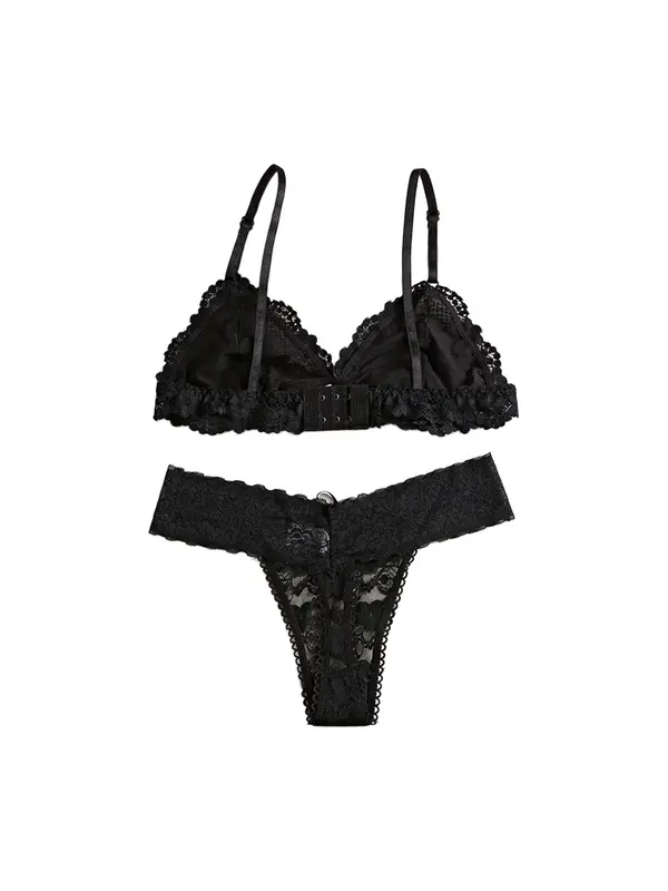 Women's Solid Color Lace Bra & Panty Two-piece Set, Comfy Breathable Wireless Bra & Panty Set, Lingerie Set for Women 1