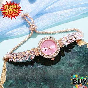 นาฬิกาควอทซ์สำหรับผู้หญิง นาฬิกาสร้อยข้อมือปรับได้ ดีไซน์ประดับพลอยเทียม นาฬิกาหน้าปัดเล็ก สร้อยข้อมือใบไม้ ของขวัญเครื่องประดับ มีสีดำ สีเขียว สีแดง สีชมพู สีฟ้า และสีเงิน