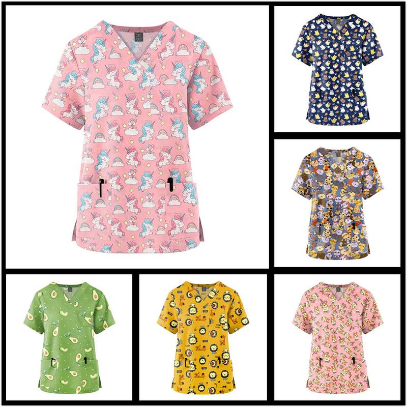 Product Introduction of Newest Fashion Unisex Nurse Doctor Uniform Workwear Scrub Top Cotton V-Neck Short Sleeves Pocket Printed T-Shirt (Size:S-XXL) 21