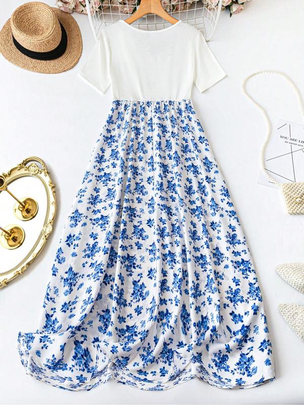 【Plus Size】Ditsy Floral Print Scoop Neck A Line Dress, Boho Casual Short Sleeve Long Dress for Daily Outdoor Wear, Summer Dress, Women Plus Clothing for All Seasons, Womenswear 7