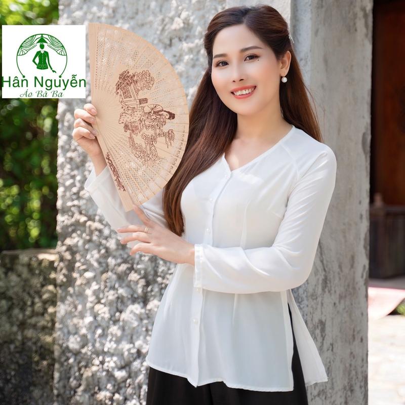 Hân Nguyễn Áo Bà Ba - B.A29 - Bộ Áo Voan Cổ Tim Cài Nút Tay Dài ( Quần Đen ) Nữ Women Top Sơ Mi